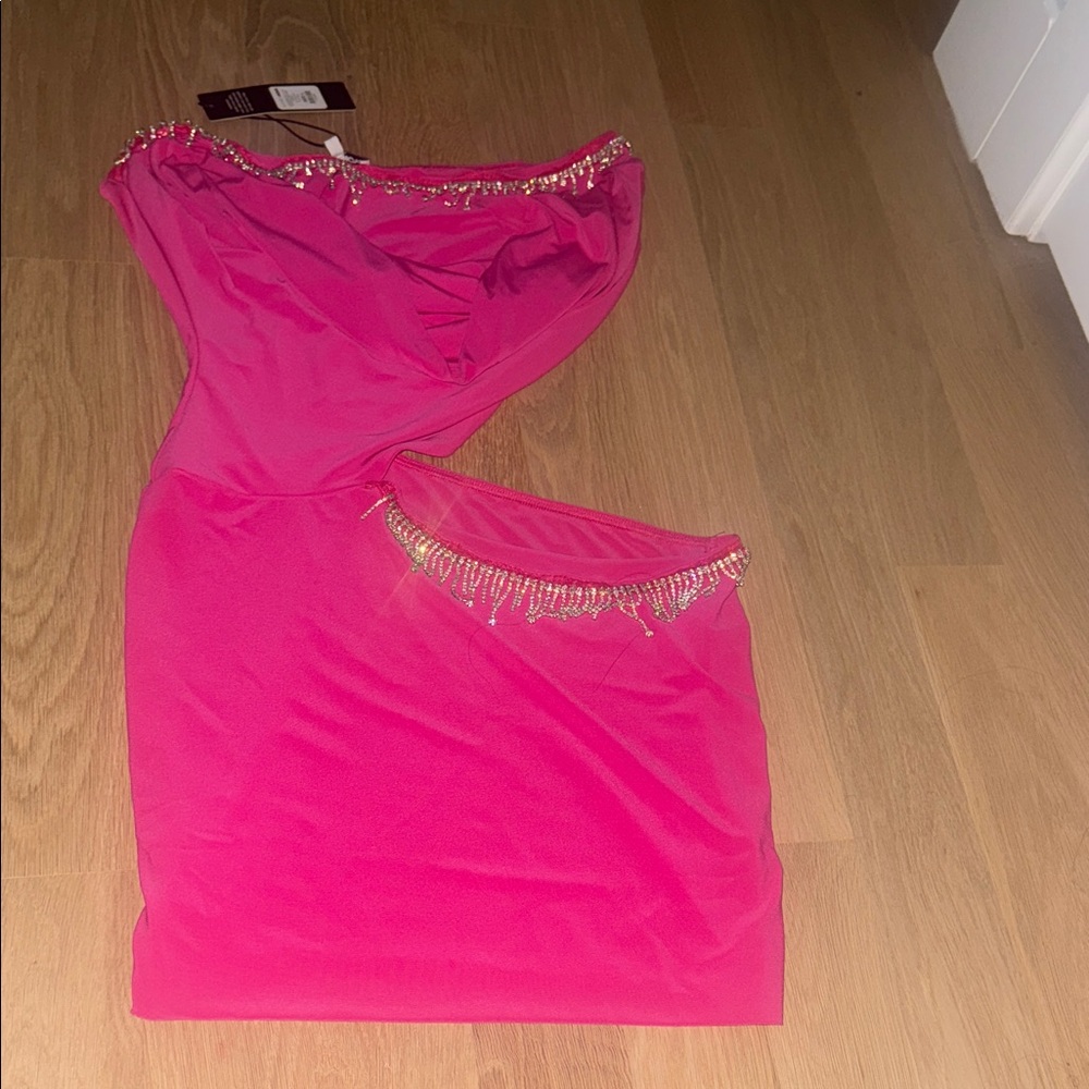 Women’s Hot Pink Cutout Mini Dress with Rhinestone Trim